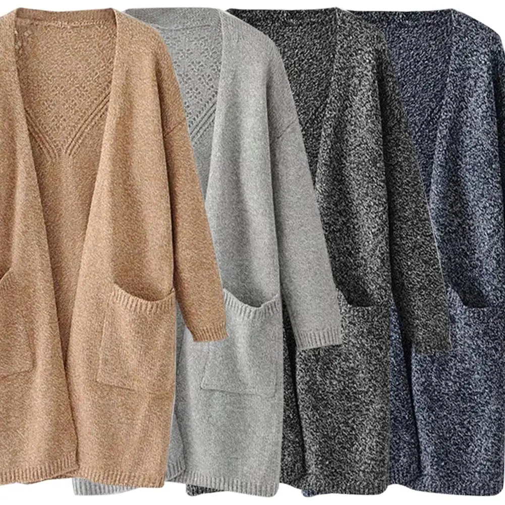 Autumn and Winter Women's Back Hollow-out Midi-length Big Pocket Knitted Cardigan |