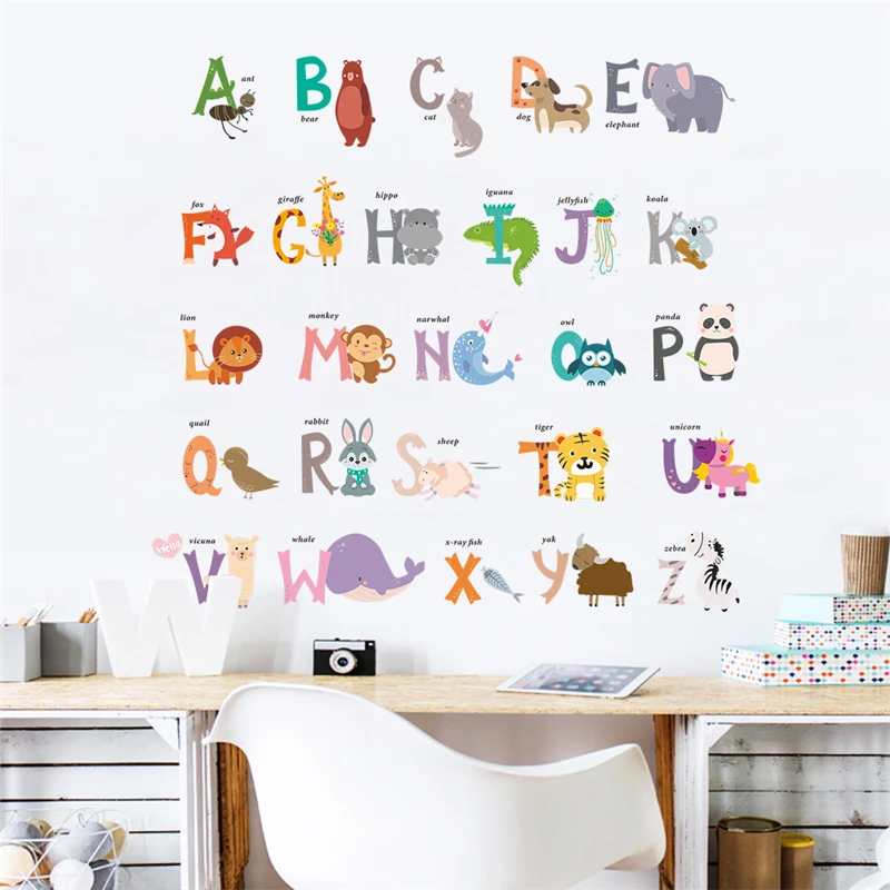 

cartoon animals 26 ABC alphabet words wall stickers bedroom nursery home decor pvc wall decals diy mural art