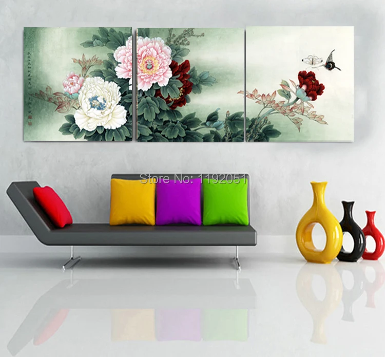 

Vintage style decoration painting traditional Chinese art peony 3 panels flowers pastoral free shipping