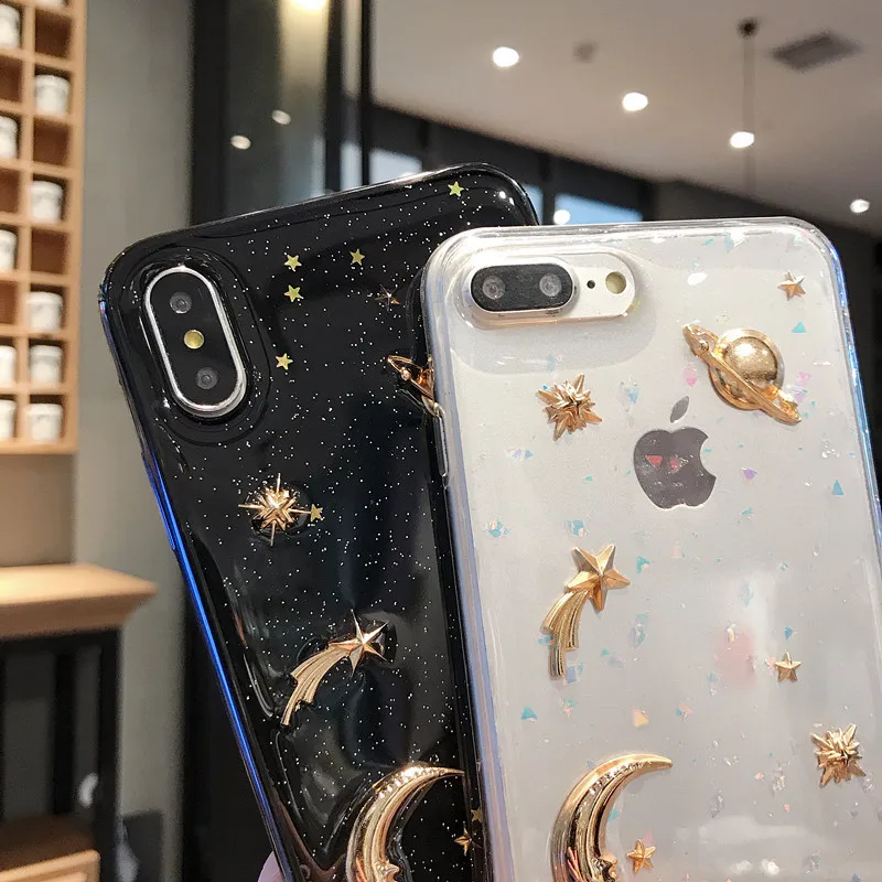Silicone Planet Star Sequin Phone Case For iPhone X XS Max XR Gold Moon Decor 7 6S 6 8 Plus Cover Fundas |