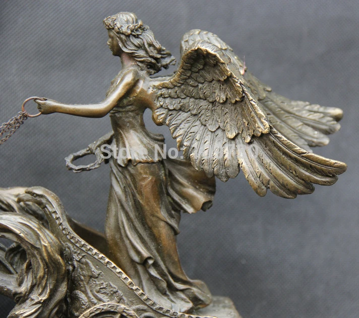 bir 003118 12&quot Chinese Bronze Two Horse Pull Angel Gal Girl Goddess wing marble base Statue | Дом и сад