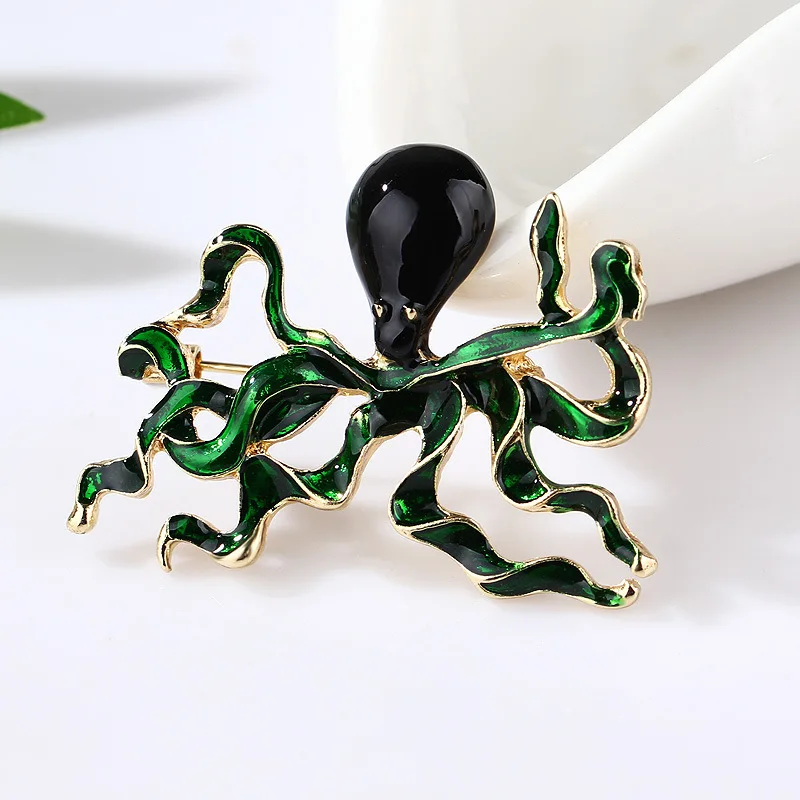 RHao Vivid Black Enamel Green Octopus animal Brooch pins Women Men Kids Squid Fish Corsage Clothes accessories scarf | Украшения и