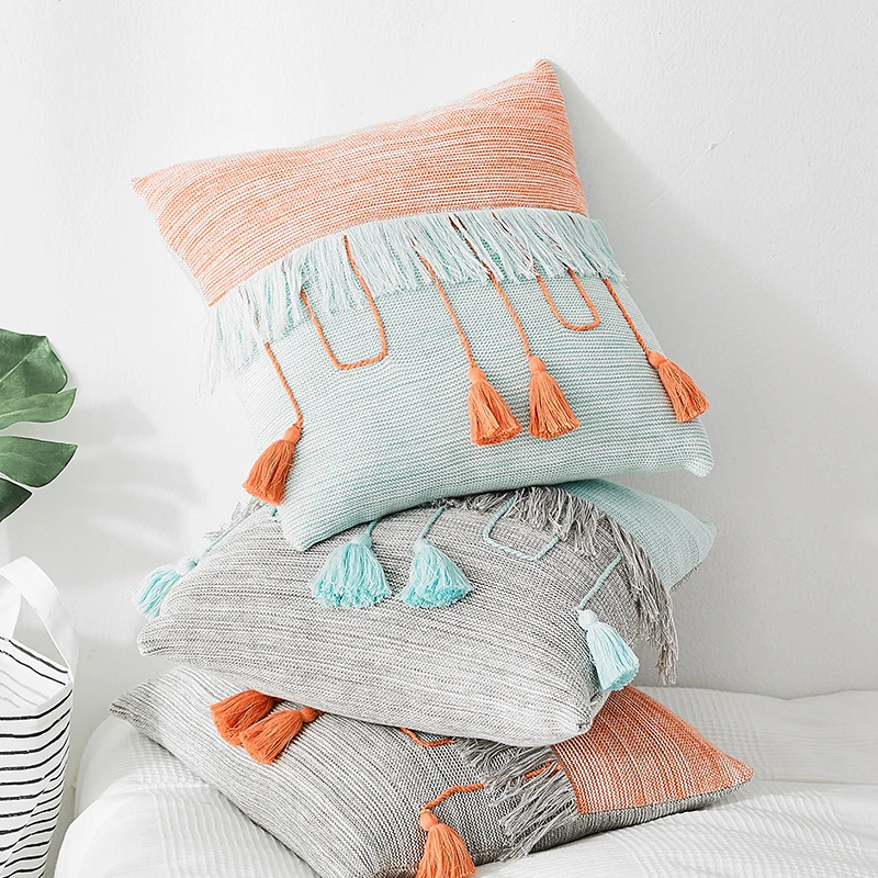 Cable Knit Cushion Cover Vintage Grey Blue Orange Tassels  Pillow Case  45cm*45cm Soft Home Decorative Pillow cover