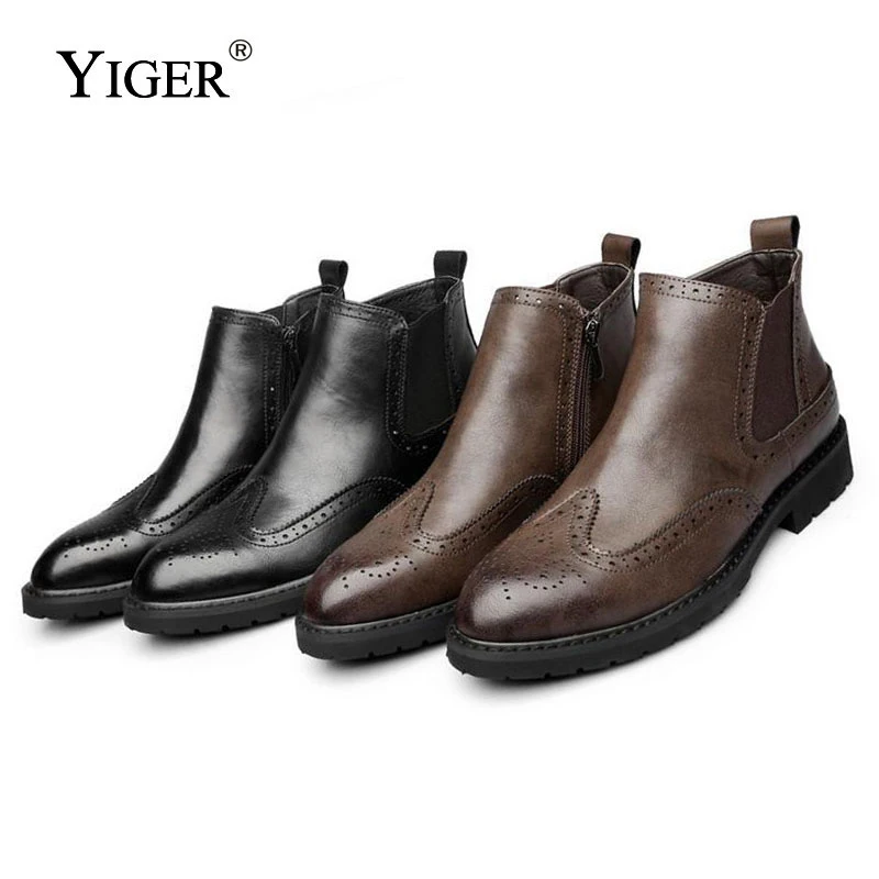 YIGER NEW Chelsea Boots Men Shoes Bullock Black Leather Spring/Autumn Work Ankle For Footwear 2018 0008 | Обувь