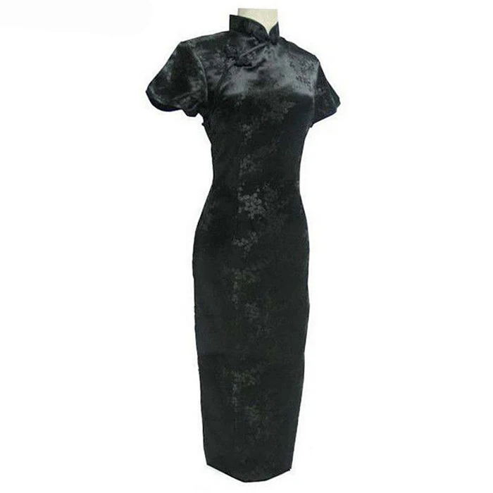 Черное традиционное китайское платье Mujer Vestido Женские атласные Qipao Мини Cheongsam цветочный размер S M L XL XXL XXXL 4XL 5XL 6XL J4039 - Цвет: Black - Long
