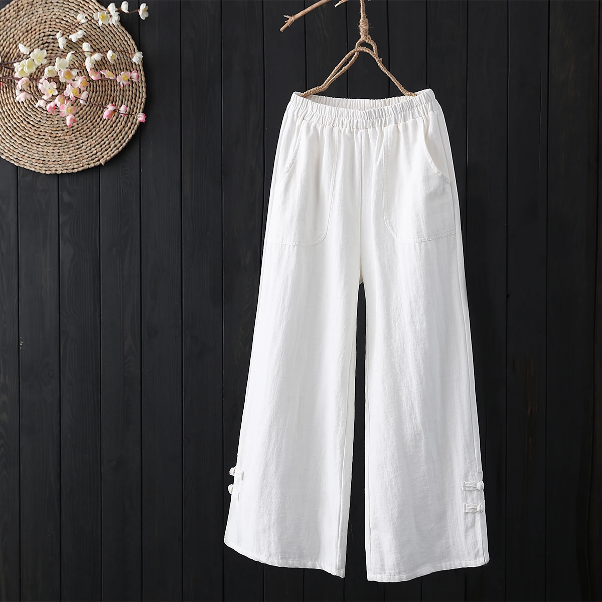 Брюки женские с широкими штанинами хлопково-льняные штаны в китайском стиле