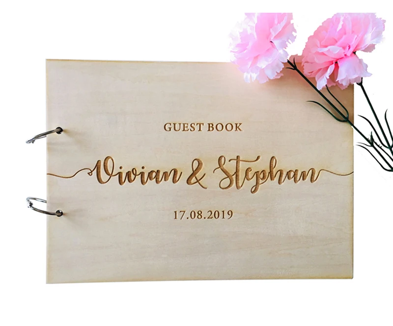 Libro de invitados de caligrafía con nombre y fecha personalizado, libro de invitados de boda grabado con láser, libro de visitas rústico de madera, álbum de fotos