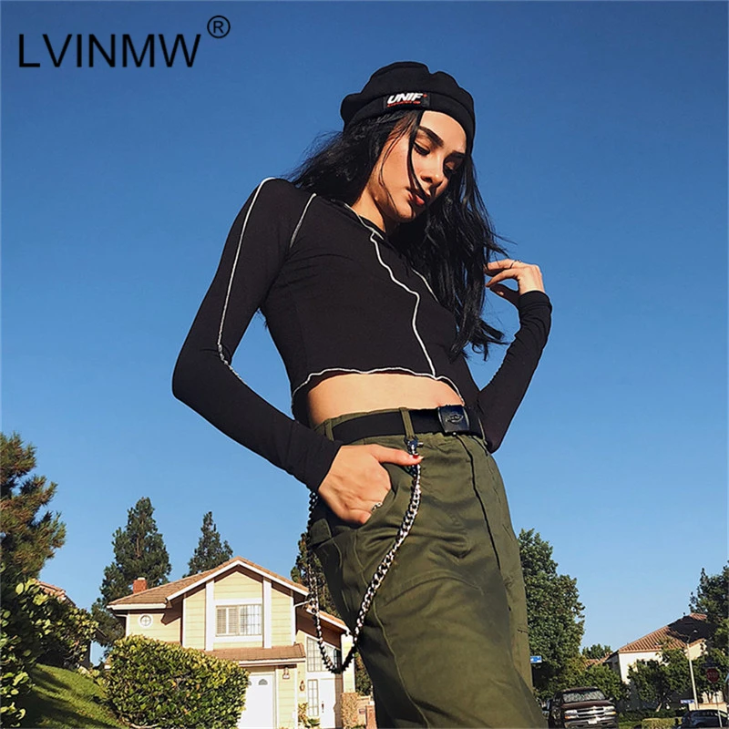LVINMW повседневный черный тонкий укороченный топ 2018 осень зима женская футболка с