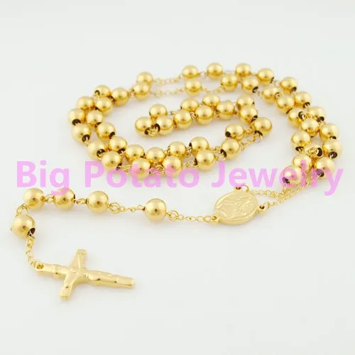 Wholesale 5pcs/Lot Gold 8MM Rosary Beads With Jesus Cross Chain 316L Stainless Steel Necklace For Men's Jewelry