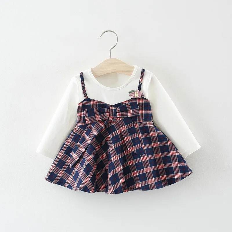 Toddler Kids Baby Girls Long Sleeve Bow Plaid Party Princess Dress Fake two pieces Clothes Cute Dresses | Детская одежда и обувь