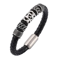 new punk jewelry men black braided leather party bracelet handmade stainless steel magnetic buckle wristband male bangles sp0056