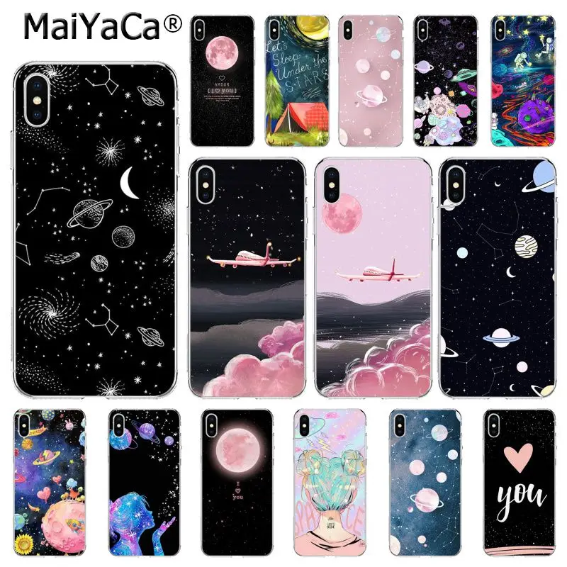 

black white moon stars space Cloud Girl Travel Plane astronaut PhoneCase For iphone 11 12 Pro 8 7 6S Plus X XS MAX 5S SE XR