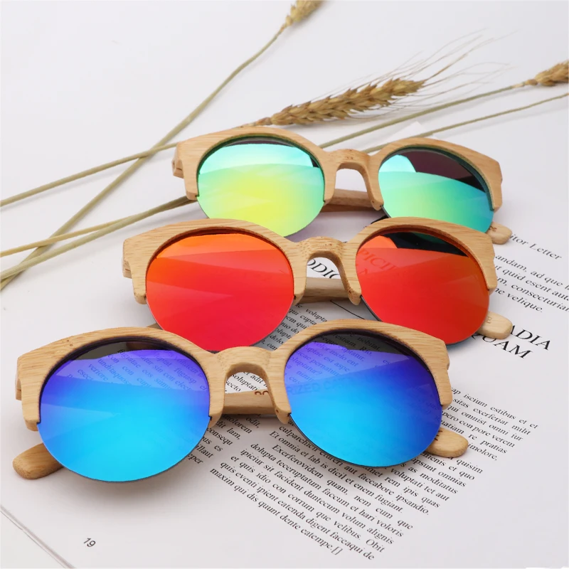 

New style bamboo logo wood retro half-frame Sunglasses with coated UV400 ladies fashion sunglasses oculos de sol feminino