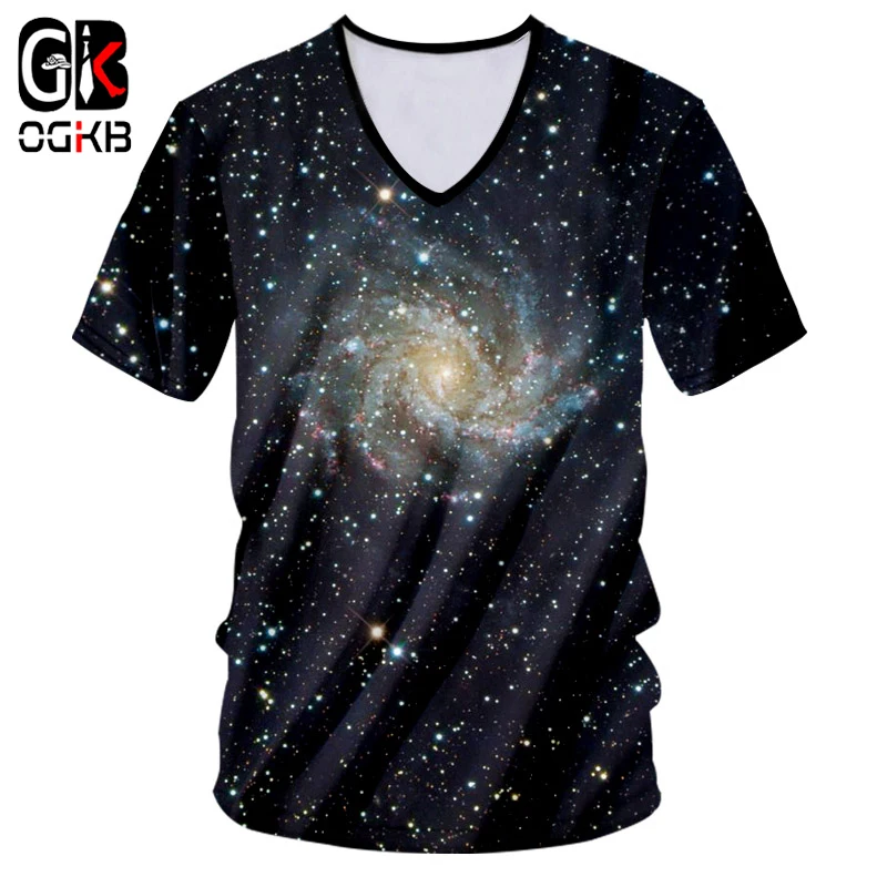 OGKB Summer Top Men Women's Tshirt With V Neck Print Starry Night 3D T-shirt Man Hiphop Streetwear Punk Stlye Short Sleeve Tees | Мужская