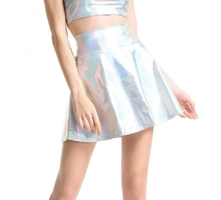 D134 Colorful Silver CUHAKCI плиссированные юбки для женщин из искусственной кожи однотонная Повседневная пикантная юбка с высокой талией серебристые золотые Мини женские вечерние Клубные короткие лазерные юбки - Цвет: D134 Colorful Silver