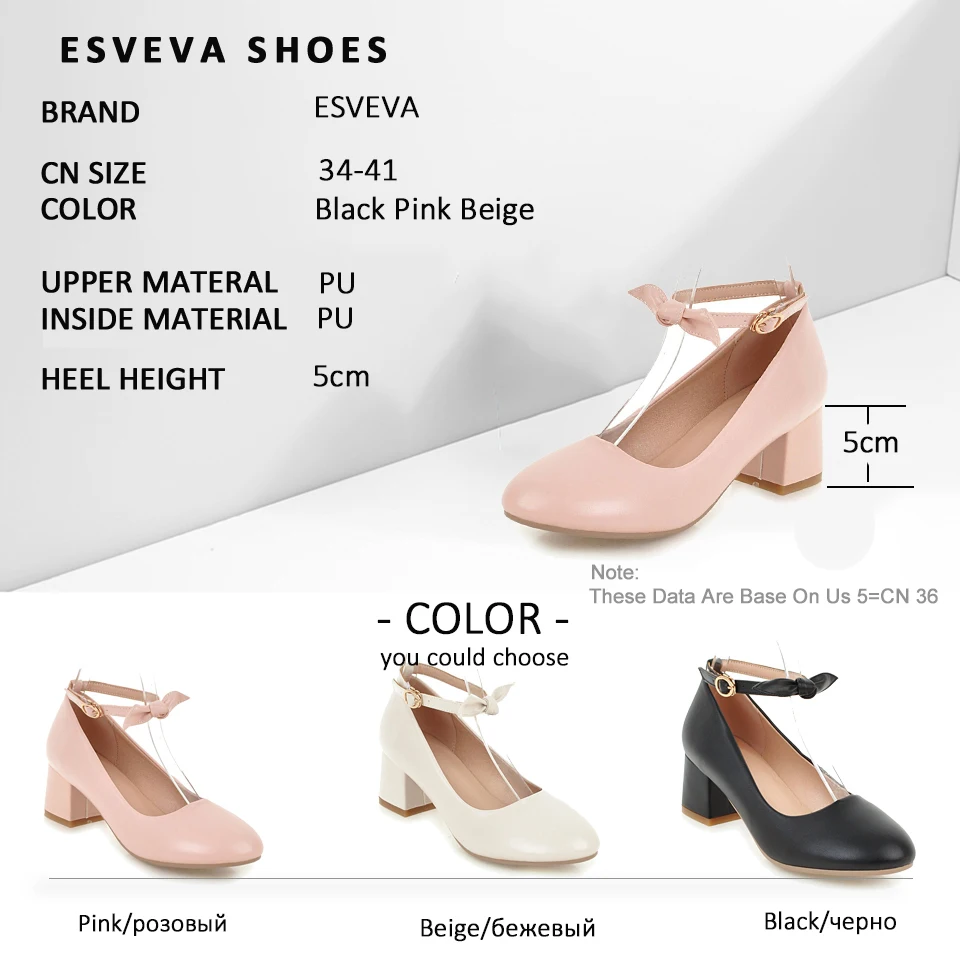 

ESVEVA 2019 Women Pumps Shoes Buckle Concise Sweet Style Square High Heel Round Toe Spring Sandals Women Shoes Solid Size 34-41