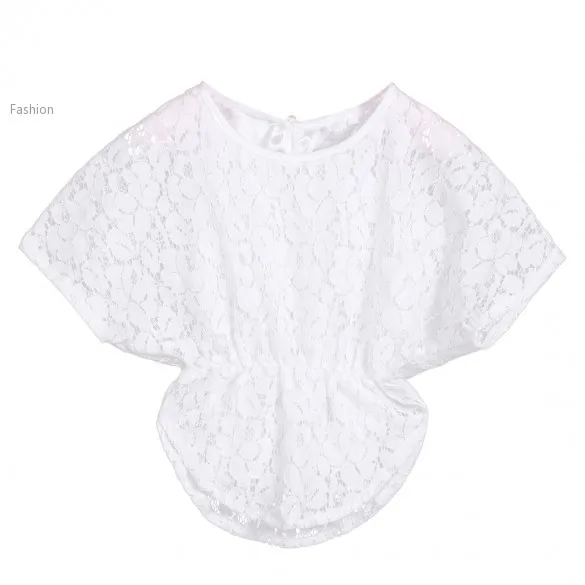 Лето девочки-младенцы кружево блузка рукава в форме крыла летучей мыши с круглым