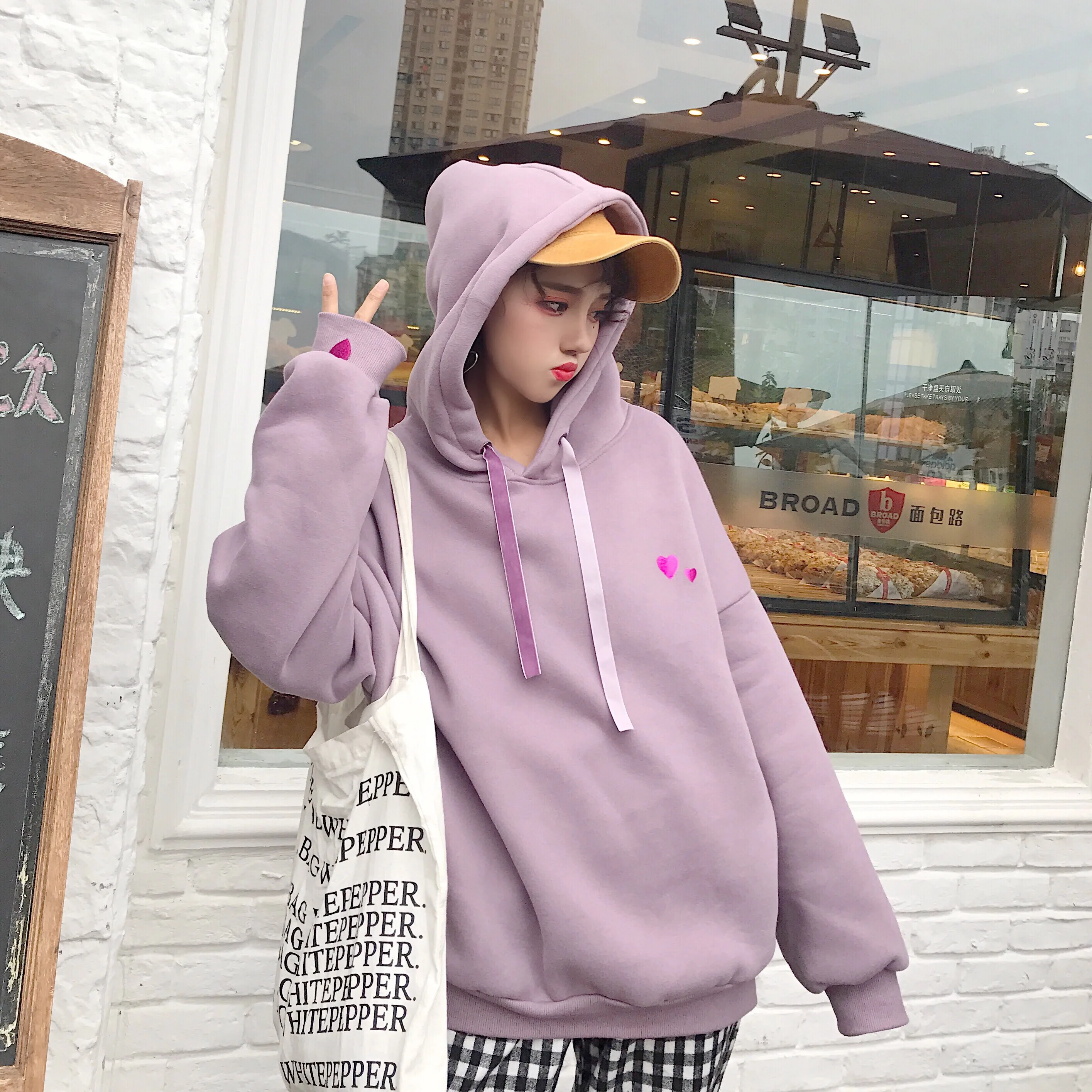 Harajuku толстовка женская осень зима корейский стиль милое сердце флис толстый с капюшоном длинным рукавом кофты Женские топы