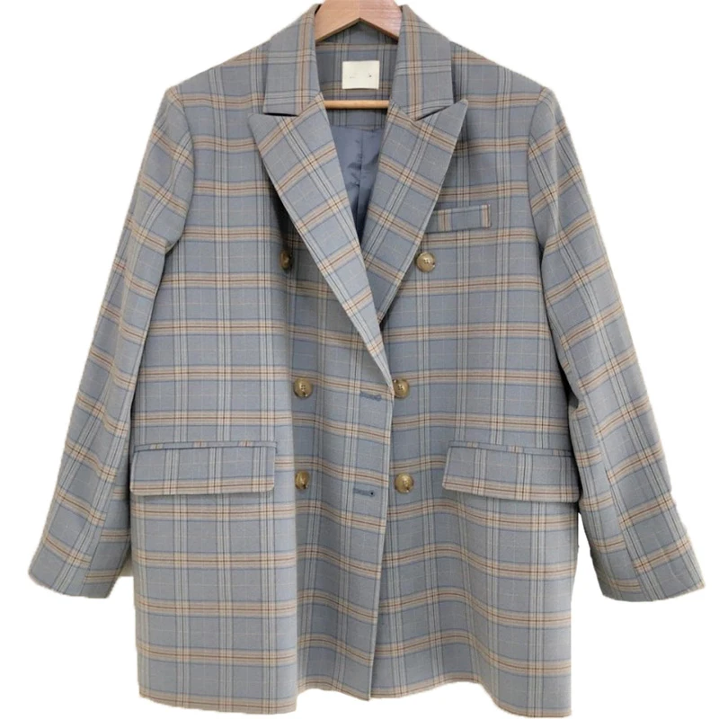 

PERHAPS U Blue Khaki Plaid Notch Collar Long Sleeve Double-breasted Pocket Loose Suit Slim Fit Vintage Casual Blazer C0123