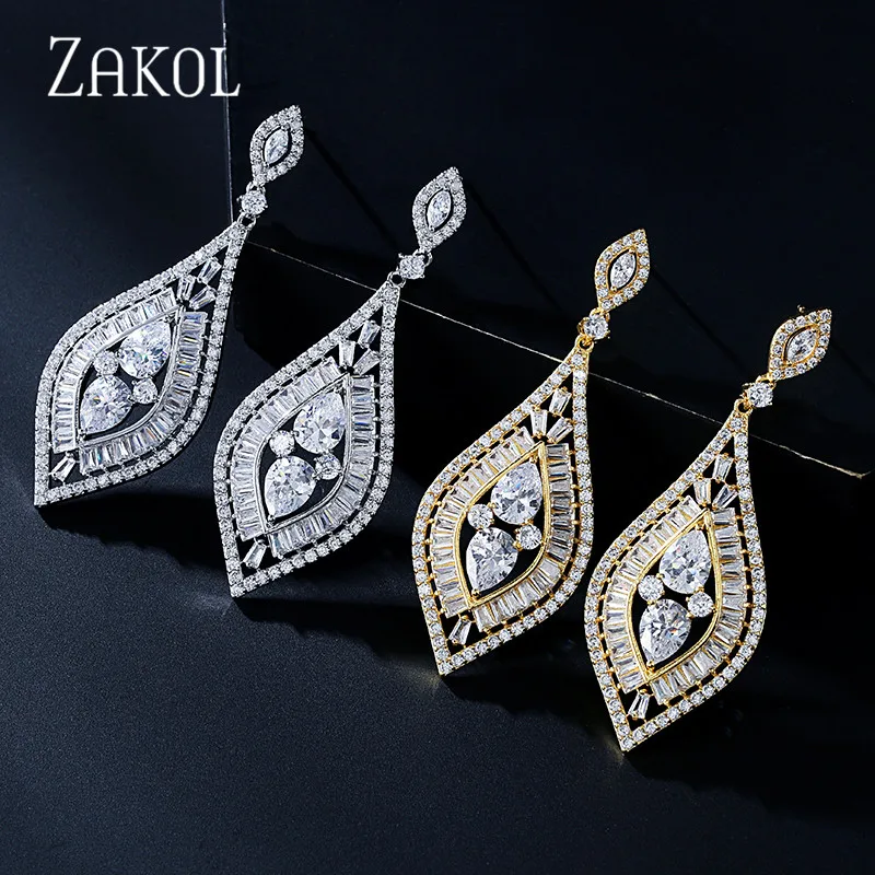 ZAKOL известный свадебный дизайн Роскошные Популярные багет кубического циркония модные серьги с подвесками ювелирные изделия FSEP2257