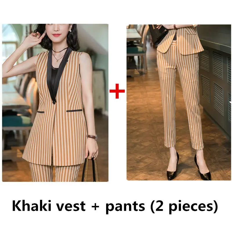 Khaki stripes(2 pic) Блейзер случайные жилет женщин долго костюм жилет женский жакет в полоску карманов офис леди комплект из двух предметов Топ и штаны - Цвет: Khaki stripes(2 pic)