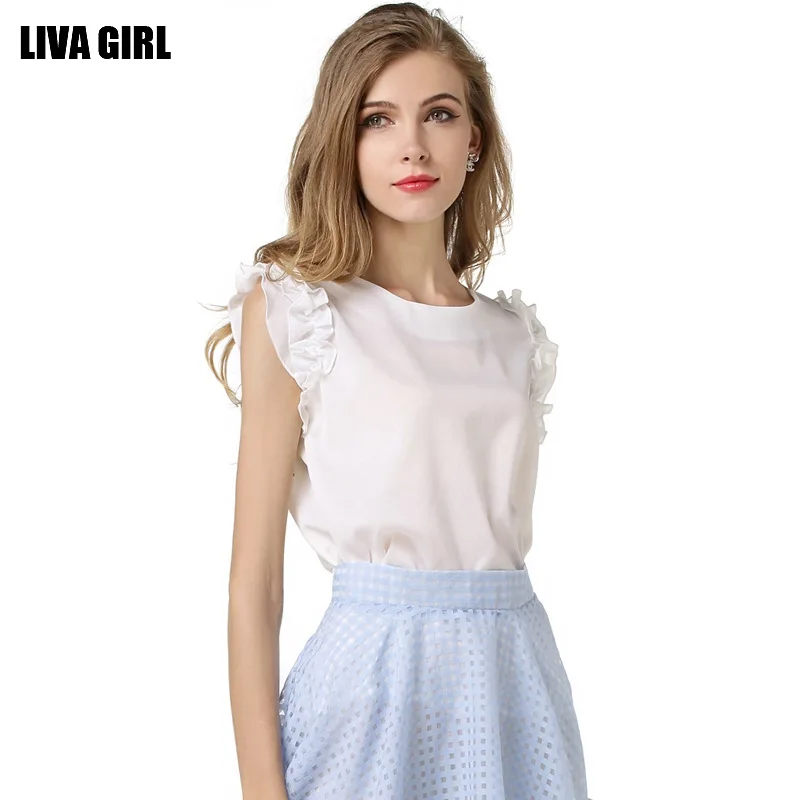 2017 Women Sleeveless Chiffon Shirt Ladies Summer Casual Puff Sleeve Tops Elegant Female Fashion Ruffles Soild Plus Size Blouse |