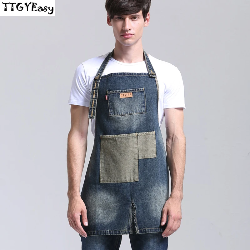 Джинсовый фартук для барбекю нагрудник взрослых карманный кухонный уборки