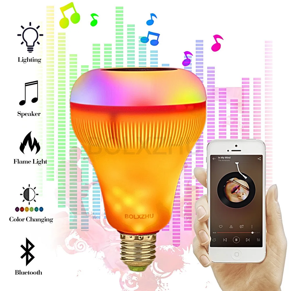Умный светодиодный RGB музыка пламя свет E27 Беспроводной Bluetooth Динамик лампа с