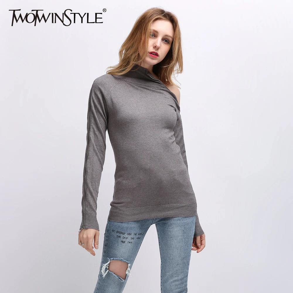 TWOTWINSTYLE 2019 вязанные пуловеры с открытыми плечами свитер для женщин водолазка