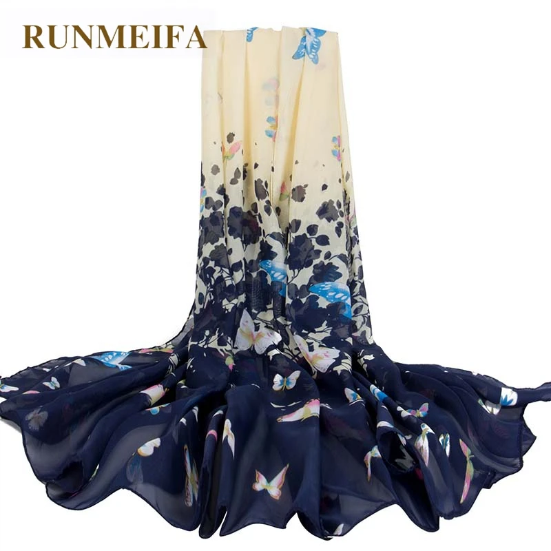 Runmeifa пляж шарф летнее шифоновое бабочка печати Шелковый oversize солнцезащитный