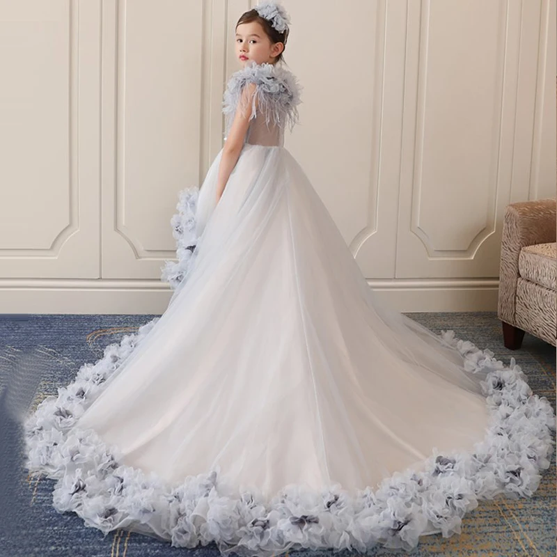 Royal Princess Dress Appliques Ball Gown Wedding Party Kids Pageant Dresses Luxury Girls Holy Communion Long Trailing D162 | Детская