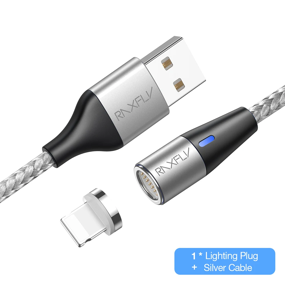 Silver For IOS Cable RAXFLY Магнитный зарядный кабель светодиодный 1 м Магнитный зарядный провод для телефона Micro usb type C для iPhone 6 7 X Магнитный зарядный кабель - Цвет: Silver For IOS Cable