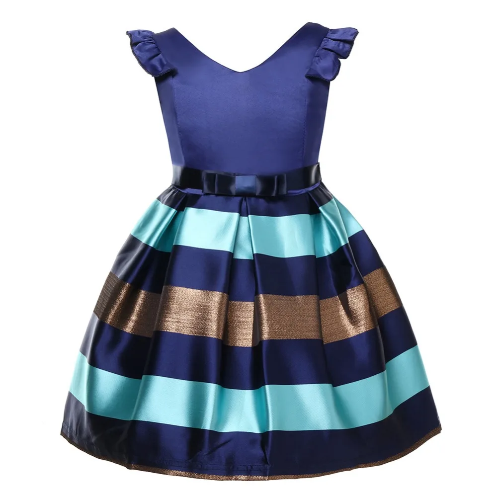 Платье детское в полоску с бантом V-образным вырезом лето 2019 | Детская одежда и