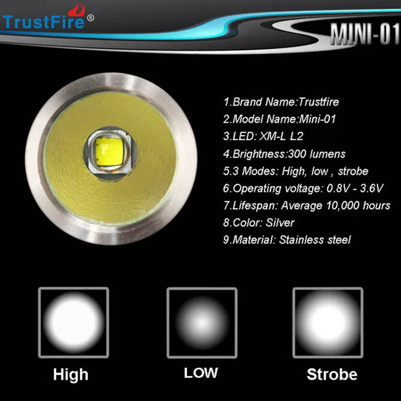 Trustfire мини Нержавеющая сталь брелок фонарик XM L 3 режима светодио дный Факел + CR123A