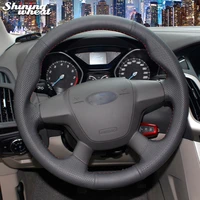 shining wheat black genuine leather car steering wheel cover for ford focus 3 2012 2014 kuga escape 2013 2016 c max 2011 2014