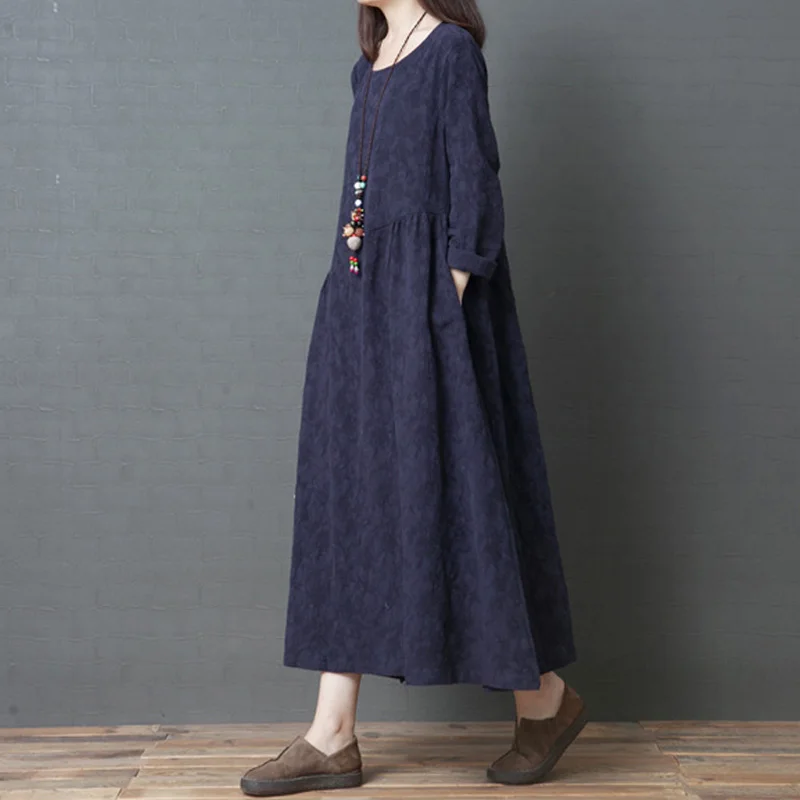Navy blue Johnature, винтажное платье, жаккардовый халат для женщин, весна, новинка, Круглый ворот, длинный рукав, китайский стиль, мягкая женская одежда, хлопковое платье - Цвет: Navy blue