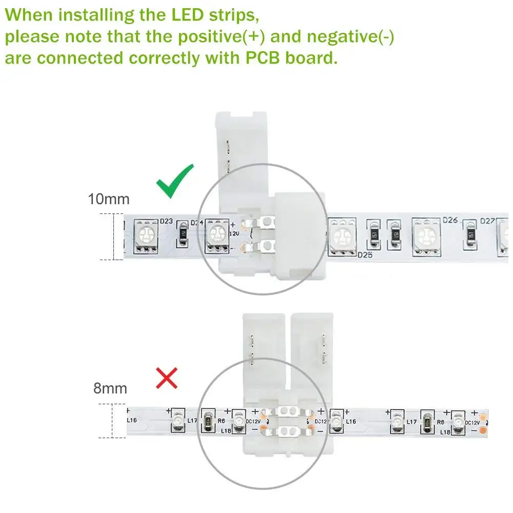 

2Pin LED Strip Connector 10mm L/T/X Shape Gapless Solderless Connector for SMD5050/5630/5730 Single Color LED Strip Light 10pcs
