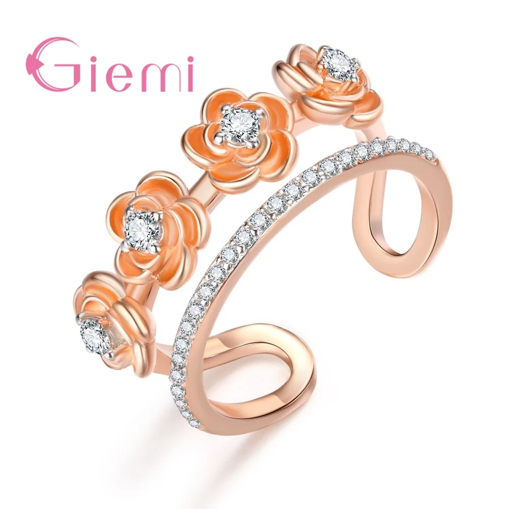 

High Quality Clear Cubic Zirconia With Rose Gold Pretty Flowers Opening Finger Rings For Women Girlfriend Crystal Bijoux