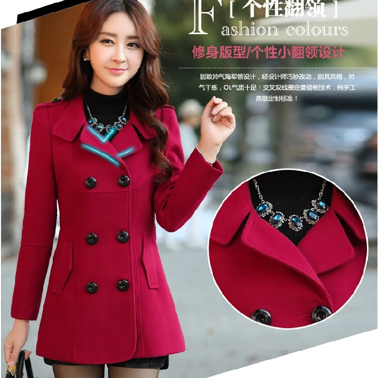 Женское двубортное шерстяное зимнее пальто с длинными рукавами и лацканами