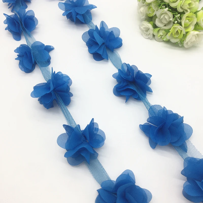 Peacock Blue 1 ярд 3D шифоновое с цветочным кружевом отделка Детская резинка для волос украшение, кружевная ткань DIY аксессуары для одежды лента - Цвет: Peacock Blue