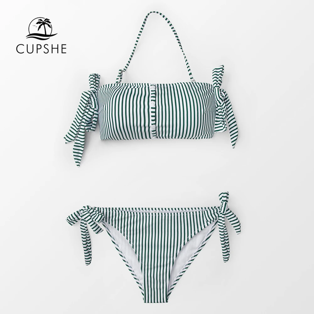 Женский купальник бикини CUPSHE в зеленую и белую полоску с открытыми плечами