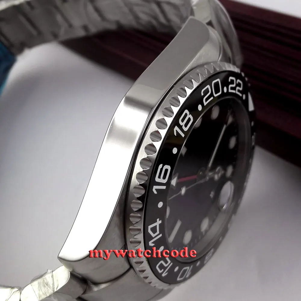 43 мм bliger стерильный черный циферблат красный GMT светящееся окошко даты стальной