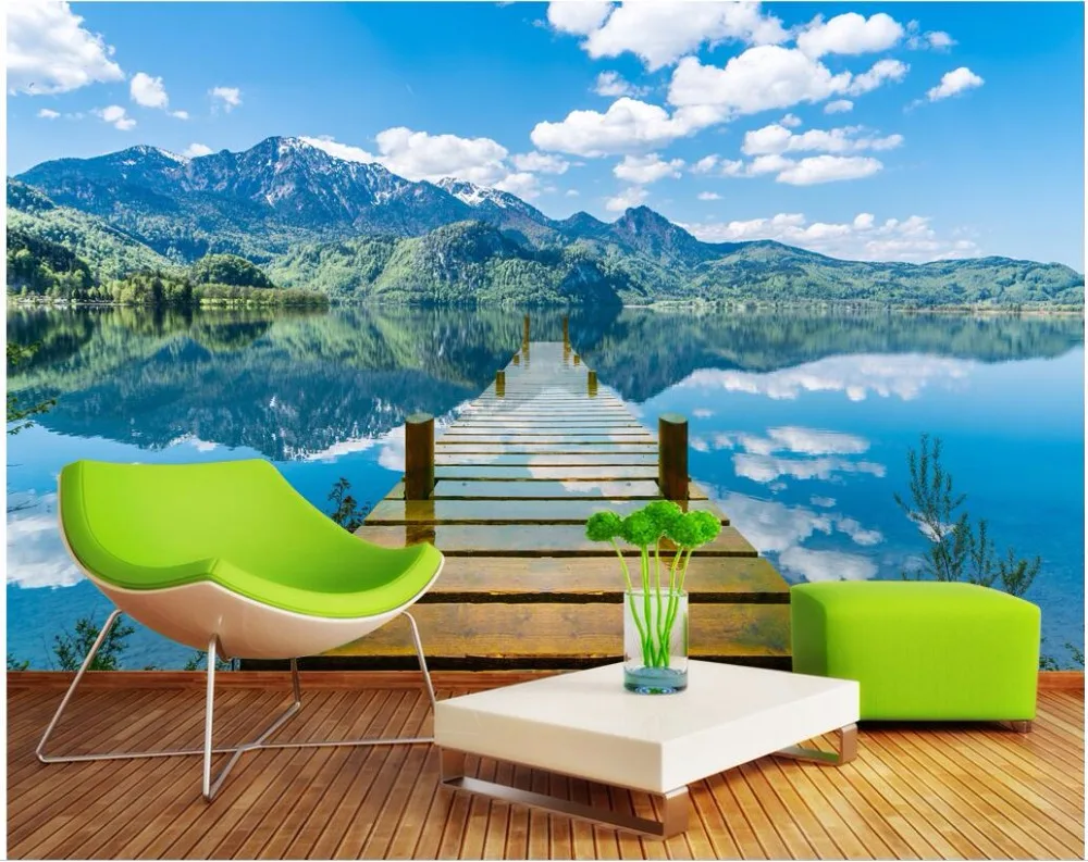 

3d обои для комнаты, фото на заказ, озеро, вода, отражение, одиночный деревянный мост, фон для телевизора, 3d Настенные обои для стен, 3d