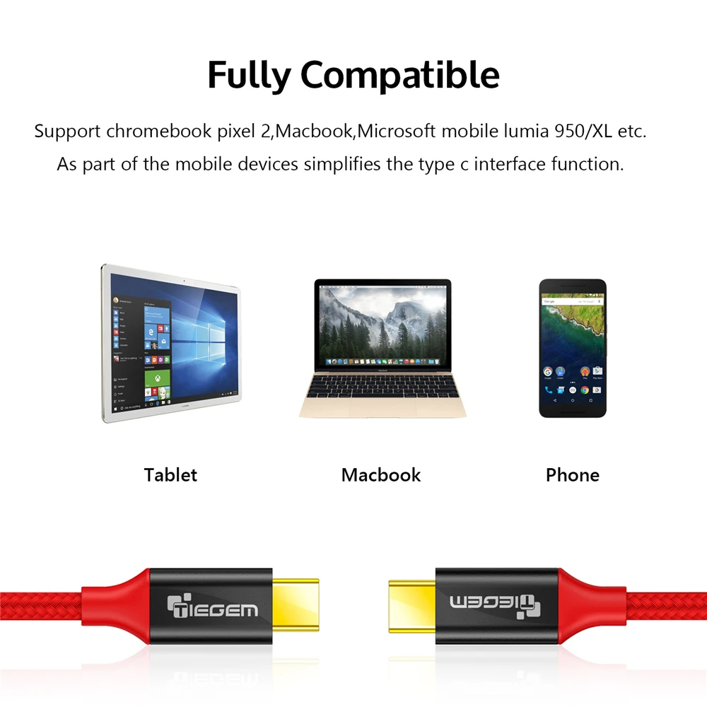 Кабель TIEGEM USB Type C папа-Type-C папа USB-C кабель для быстрой зарядки Samsung Galaxy S8 S9 Note 9 Huawei