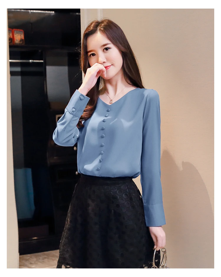 Женская блузка blusas mujer de moda, корейская v-образным блузки модная одежда, шифоновая блузка на пуговицах, однотонные белые с вырезом 2308 50