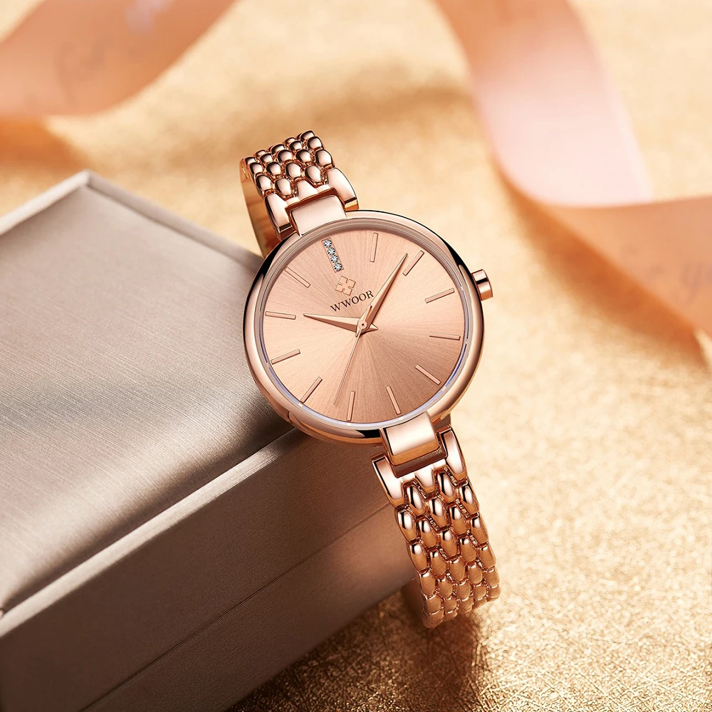 Новые женские наручные часы WWOOR из нержавеющей стали цвета розового золота