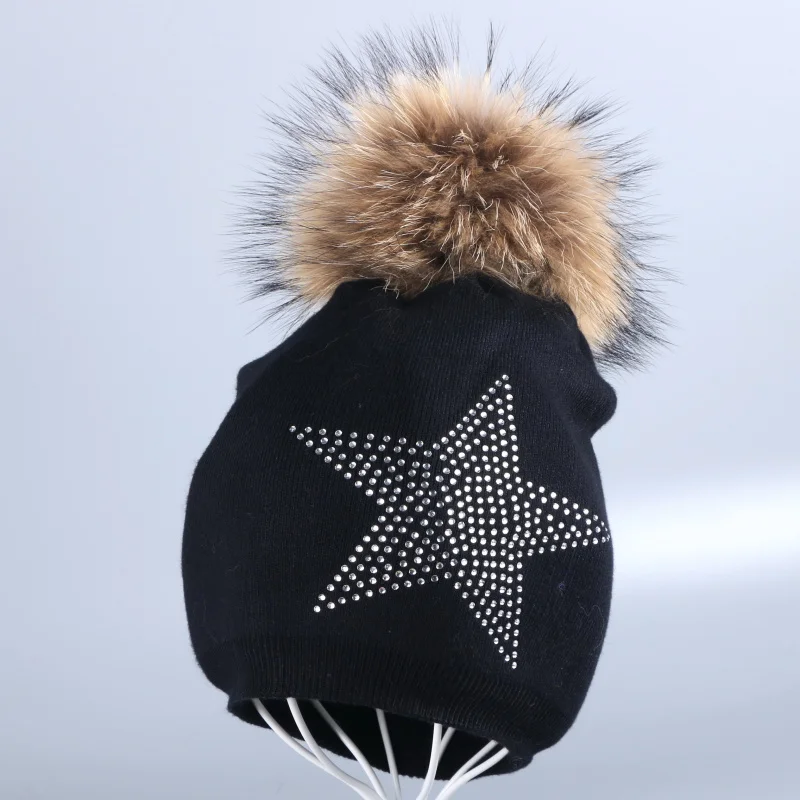 Mink Pom black hat Новая женская шерстяная зимняя шапка с настоящим помпоном, кашемировые шапочки, блестящая кристаллическая звезда, мягкая термальная натуральная норка, лиса, звезда, шапочки - Цвет: Mink Pom black hat