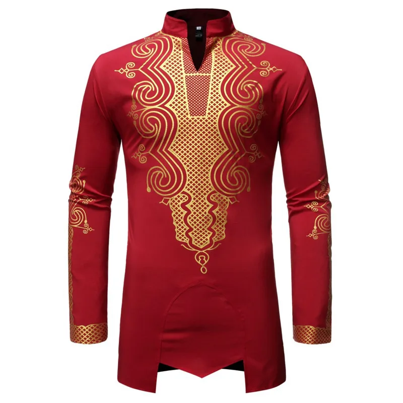 

Red African Dashiki Print Dress Shirt Men 2022 Fashion Long Sleeve African Shirt Men African Clothes Streetwear Casual Chemise