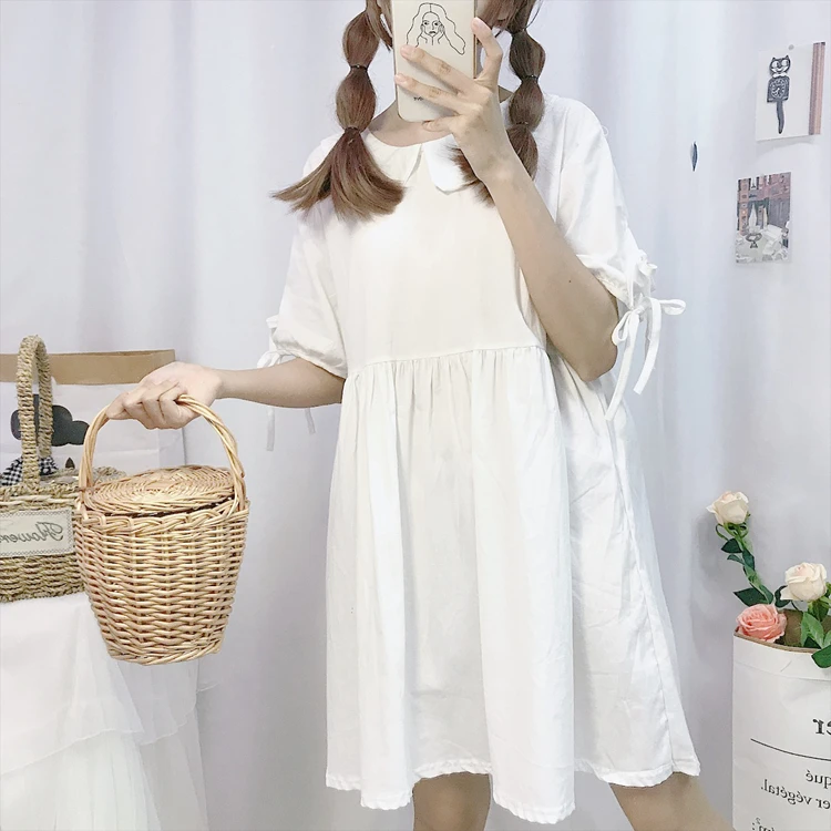 Платье kawaii в японском стиле милое платье с короткими рукавами и воротником «Питер Пэн» Милая свободная тонкая кукольная юбка с высокой талией для девочек летнее платье для студентов