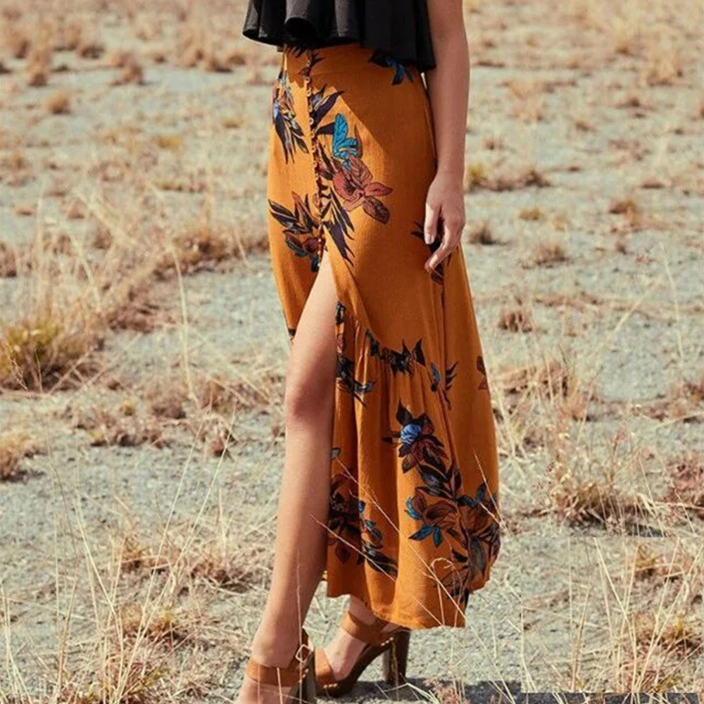 2018 New Summer Skirt for Women High Waist Split Boho Beach Long Floral Print Button Female Chic Vintage Maxi | Женская одежда